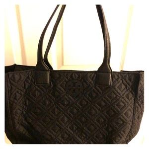 Tory Burch black fabric quilted work bag